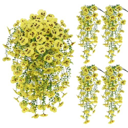 Yellow Artificial Hanging Flowers for Outdoors, 4 PCS 29.5in UV Resistant Faux Outdoor Hanging Plants Pansy Flowers Fake Cascading Floral Vines for Porch Patio Balcony Pergola - color: Yellow