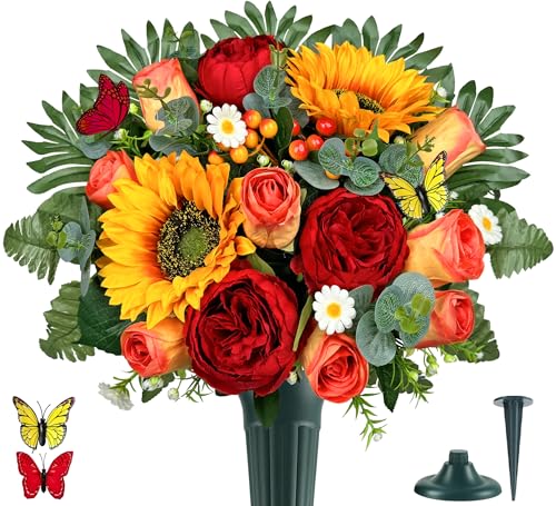 MUVIC Artificial Cemetery Flowers for Outdoor Grave Decorations，Memorial Flower- Realistic Sunflower Rose - Sympathy Bouquet