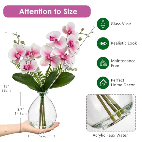 Oairse Pink Orchids Artificial Flowers, Faux Orchid in Glass Vase Real Touch Small Phalaenopsis Orchid Flowers Arrangements with Clear Vase Orchids Centerpiece for Dining Room Table - color: Pink & Clear