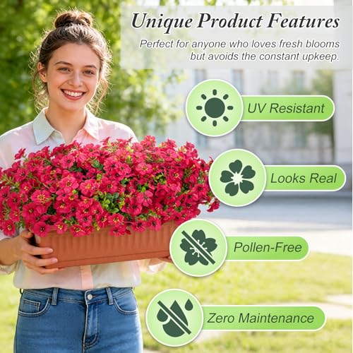 Artificial Flowers for Outdoors Decoration for UV Resistant Silk,16 Bundles | Artificial Violet Flowers for Outdoor Decor, Realistic Fake Plants for Porch,Garden,Window Box,All Rose Red - color: Rose Red