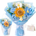 Crochet Flower Bouquet,Blue Knitted Flowers, Handmade Sunflowers Tulips Roses Bouquet for Valentine Day Birthday Anniversary Party Mother's Day Graduation Gifts(with Card) - color: Blue