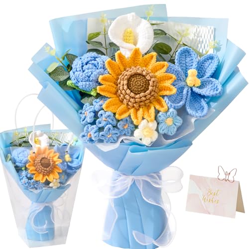 Crochet Flower Bouquet,Blue Knitted Flowers, Handmade Sunflowers Tulips Roses Bouquet for Valentine Day Birthday Anniversary Party Mother's Day Graduation Gifts(with Card) - color: Blue