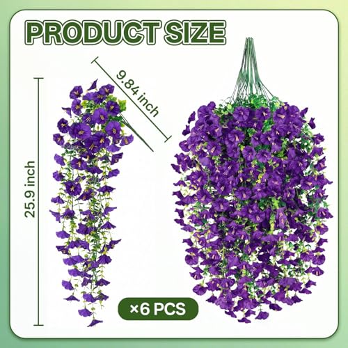 Artificial Hanging Flowers for Outdoors, 6 PCS Silk Morning Glory Artificial Flowers with Eucalyptus Leaves, UV Resistant Fake Flower Realistic Faux Plants for Home Patio Porch Garden Decor, Purple - color: Purple