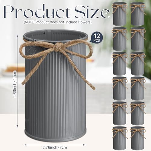 Rustic Vase for Table Centerpieces 4.33 Inch Small Petite Flower Vase with Twine Bow Vintage Farmhouse Decor for Wedding Reception Dining, Home Galvanized Metal Buckets(Gray,12 Pcs) - color: Gray