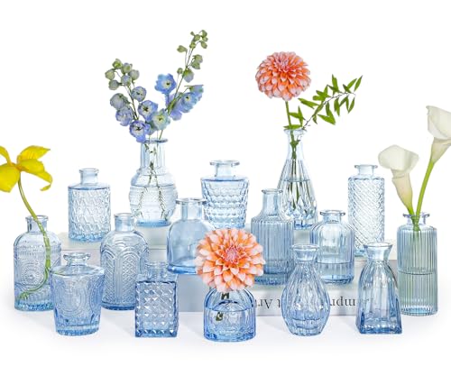 SUPMIND 16pcs Glass Bud Vase Set, Small Blue Flower Vases for Centerpieces in Bulk, Mini Vintage Vase for Wedding, Home Decor, Table Decoration - color: Blue