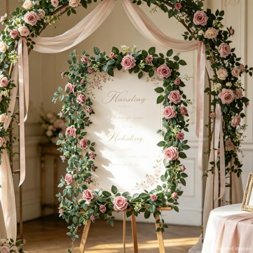 2 Pack 11.2 Ft Artificial Flower Garland with White Roses, Realistic Fake Greenery Vines with 17 Roses Flowers for Wedding Table Centerpieces Arch Party Ceremony Backdrop Decor (Dirty Pink) - color: Dirty Pink