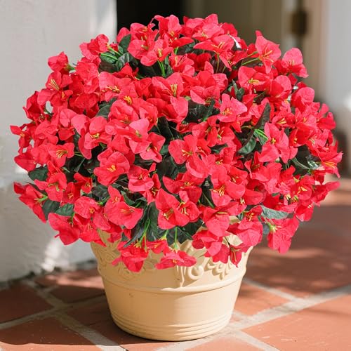 Bougainvillea Artificial Flowers for Outdoors Faux Plants Spring Summer Decor, 4 Bundles Red UV Resistant Fake Outdoor Flowers Silk Flowers for Outside Realistic for Planters Patio Porch Garden Home - color: Red