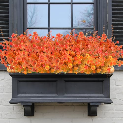 AmyHomie 16 Bundles Mix Orange Artificial Fall Flowers for Outdoor Fall Decor UV Resistant Fake Mums No Fade Fake Plastic Plants Garden Porch Window Box Decorating - color: Mix Orange, size: 16