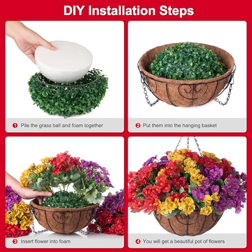 Artificial Fake Hanging Plants Flowers Basket for Spring Outdoor Decoration, Faux Silk Daisy UV Resistant Look Real with Eucalyptus Leaves Summer Decor for Home Patio Garden Outside(Red Purple Yellow) - color: Red Purple Yellow