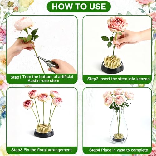 4 Pcs Flower Frog Pin Holder Set - 2 Round & 2 Square (0.9", 1.2", 1.57", 1.97") Floral Arrangement Frogs Vases with Straightener & Cleaning Brush - Ikebana Flower Holder Tools for DIY Crafts