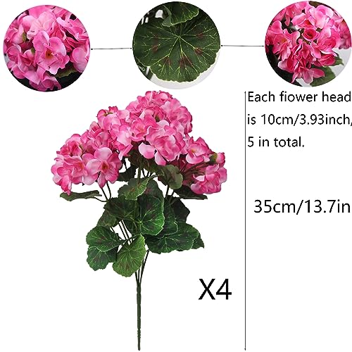 CISDUEO 4 Pcs Artificial Geraniums Silk Flowers Outdoor Artificial Geranium Bush Pink Faux Flowers Geraniums for Floral Home Decor Outdoor Indoor Garden Patio Grave Cemetary Vase Table Centerpiece - color: Pink