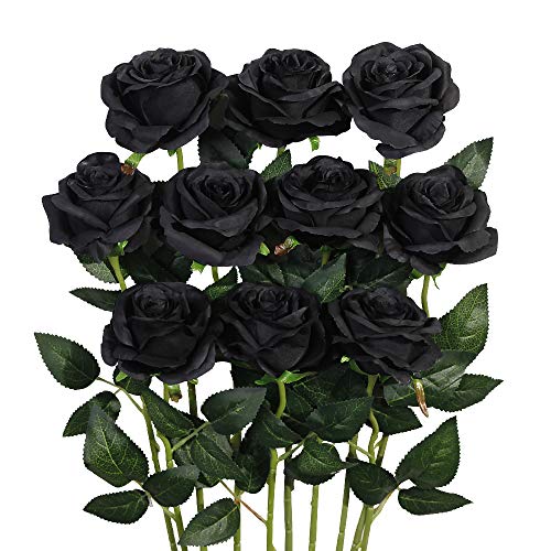Luyue 10PCS Artificial Roses Flower with Stems Slik Fake Flowers Bouquet Realistic Long Stem Faux Rose for Valentines Day Wedding Home Decor - color: Black