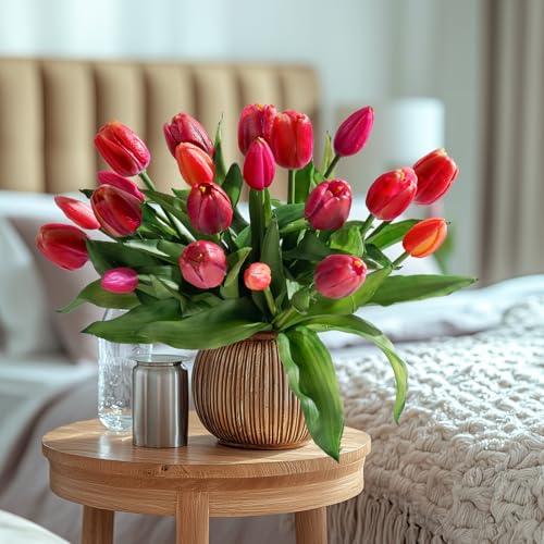 Bailikang 20PCS Fake Tulips Artificial Tulip Silk Flowers Fake PU Bouquet Artificial Flowers Faux Flowers with Gift Box Soft Faux Tulips Bouquets Arrangements for Party Wedding Home - color: Red