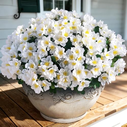Juxdp 8 Bundles Artificial Camellia, Fake Silk Bouquet Flowers(White) | Full＆Vibrant, Fade-resistant, UV-resistant＆Waterproof, for Front Door/Garden/Farmhouse/Outdoor/Home/Spring/Summer Decor - color: White