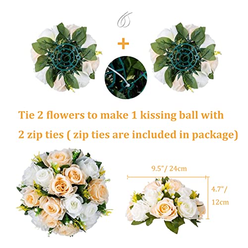 Flower Balls Wedding Rose Centerpieces: 10pcs Fake Flowers Decor for Table | Artificial Champagne White Kissing Balls Floral Arrangements - Faux Flower Bouquet with Base Home Party DIY Decorations - color: Peach Champagne & White