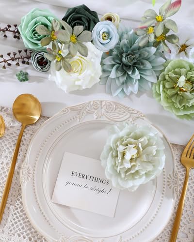Kisflower Green Artificial Flowers Combo Cake Flowers Decorations Fake Hydrangea Dahlia Silk Roses Gift Box for DIY Wedding Bridal Bouquet Centerpieces Arrangements Party Holiday Decor (Forest Green) - color: Forest Green
