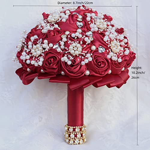 Burgundy Bridal Wedding Bouquet with Rhinestone Brooch Pearl Bouquet for Bride Bridesmaid Quinceanera Satin Red Rose Flower Bouquet Wedding Burgundy 8.7in - color: Burgundy (Standard Size: Dia.8.7")