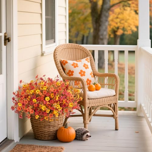 12 Bundles Fake Mums Fall Flowers Artificial for Outdoors Decoration Artificial Mums Faux Plants Daisy for Outdoor Outside Planters UV Resistant Violets for Fall Decor Home Porch Door Front Patio Yard - color: Z3-orange, Autumn Red, Yellow