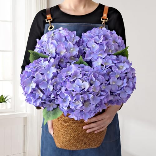 JINWOE 5Pcs Puple Artificial Silk Hydrangea Flowers, 20Inch Large Lifelike Faux Hydrangea with Stems Bouquet for Home Table Centerpieces Wedding Baby Shower Garden Party Decoration - color: Puple
