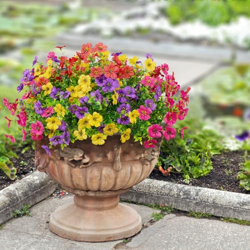16 Bundles Artificial Flowers Outdoor Spring Summer Decoration Fake Silk Colorful Daisy Eucalyptus Realistic UV Outside Faux Plants for Garden Porch Window Box Home Decor(Red Yellow Pink Purple) - color: Mixed Color(red Yellow Pink Purple)