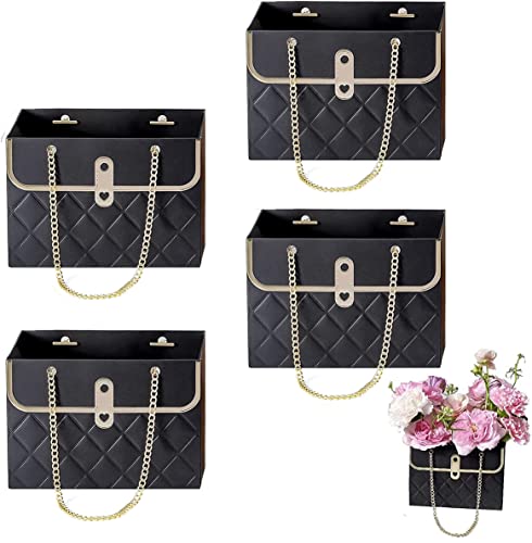 NADUSEP 4 PCS Flower Paper Gift Bag, Bouquet Storage Bucket Florist Handbag with Metal Chain Flower Boxes, Gift Wrap Bag for Arrangements Graduation Wedding Birthday Anniversaries Party, Valentine's Day, Mother's Day Bridal Shower, Anniversary, Thanksgivi