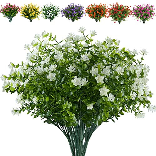 24 Bundles Artificial Flowers Fake Boxwood Shrubs UV Resistant No Fade Faux Greenery Faux Plastic Lotus for Home Garden Hanging Planter Indoor Porch Patio Office Wedding Decoration(Off-White) - color: Off-white