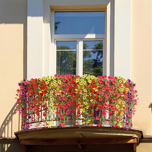 AGIRL 6 Bundles Artificial Hanging Flowers for Outdoor Spring Summer Decor,UV Resistant Faux Silk Flowers,Fake Plants with Realistic Look for Outside Indoor Planter Garden,Patio,Balcony,Porch and Yard - color: Red+yellow+fuchsia+purple