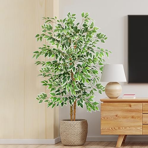 GTIDEA 5ft Ficus Tree Artificial, Tall Fake Tree with Natural Trunk Faux Trees Indoor Silk Ficus Leaves Artificial Trees for Home Decor Indoor Summer Office Living Room Outdoor (Included Dried Moss) - color: 5ft Ficus Tree (No Vase)