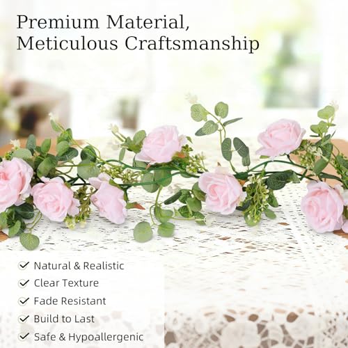 Lewondr Artificial Eucalyptus Garland with Flower, 2Pack 13FT Faux Floral Greenery Garlands Fake Flowers Vines, Maintenance-Free for Wedding Table Backdrop Party Centerpiece Room Decor, Pink - color: Pink, size: 2 Pack
