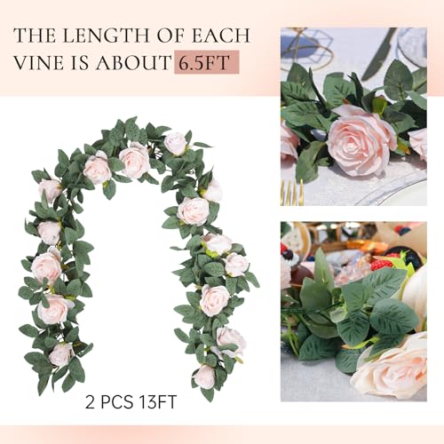 Der Rose 2 Pcs 13FT Artificial Flower Garland, Pink Rose & Greenery Floral Garland, Faux Flower Vine for Wedding Arch Table Wall & Backdrop Decor - color: Pink Rose 2 Pcs