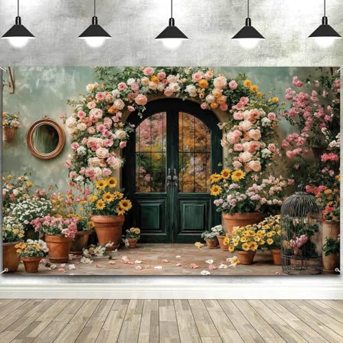 7X5ft Flower Backdrop Coloful Floral Arch Retro Door Photography Backdrops Modern Interior Rustic Style Wall Decoration Wedding Portrait Background Studio Photo Booth Props - color: Multi4, size: 7X5ft