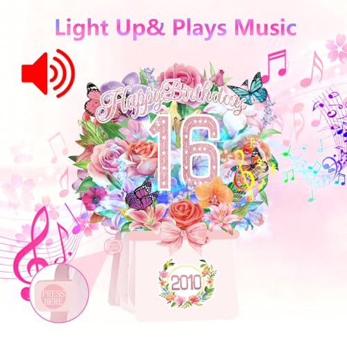 Sweet 16th Birthday Cards, Light and Music 16 Years Old Happy Birthday Card, Rose Lily Orchid and Butterflies, 10 Inch Forever Flower Bouquet 3D Pop Up 2010 Birthday Gift Card for Women Daughter Sister girl - size: 2010-16th
