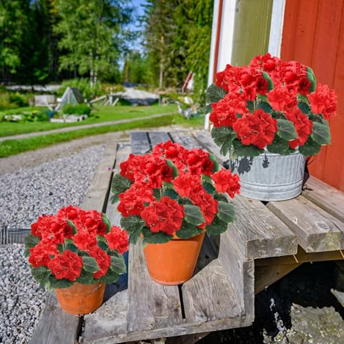 TURNMEON 2 Pack Artificial Geraniums Fake Flowers for Outdoors Summer Decoration, Silk Geraniums Red Flowers UV Resistant Faux Flower Potted Plants for Gardens Farmhouse Indoor Home Table Decor (Red) - color: Red