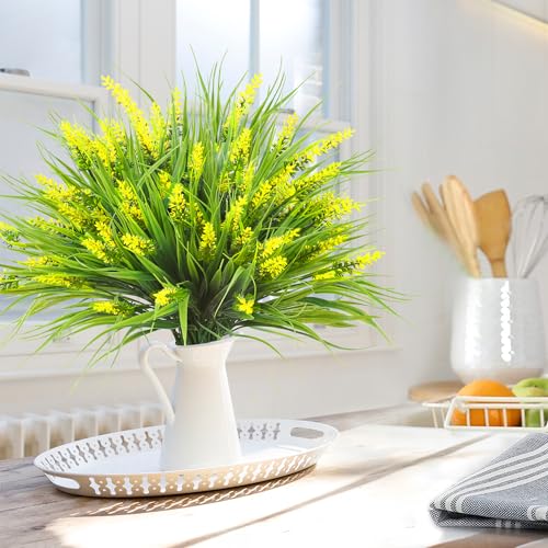 Sggvecsy 24 Bundles Artificial Plants Outdoor Faux Lavender Flowers Fake Monkey Grass UV Resistant Plastic Greenery Plants for Garden Home Porch Window Patio Hanging Planter Indoor Decor (Yellow) - color: Yellow, size: 24pcs