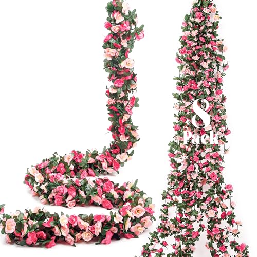Miracliy 8Pcs 66FT Pink Flower Garland, Artificial Rose Floral Vines Fake Hanging Spring Flower Garland for Wall Backdrop Wedding Arch Tea Party Door Mantle Decoration - color: Pink-8pcs