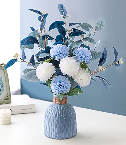 MOOMASS Artificial Flowers with vases, Fake Hydrangea with Eucalyptus Bouquet Combination, Living Room Family Banquet Party Wedding Decoration… - color: Blue