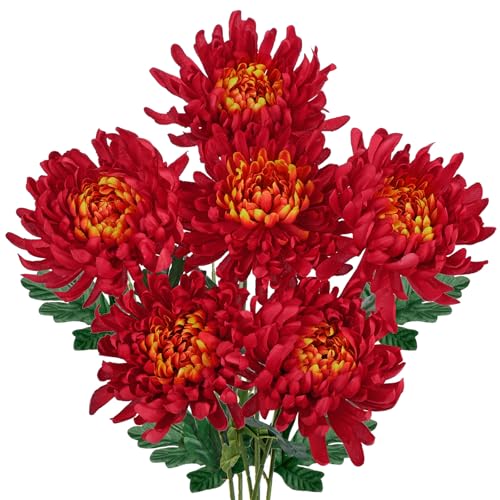 Briful 6 Pcs Orange Red Artificial Mums for Outdoors Fall – 25.6’’ Long Stem Faux Chrysanthemums, Large 6’’ Silk Fall Flowers for Wedding Bouquets, Centerpieces, Porch Décor, Indoor Home Decoration - color: Orange Red