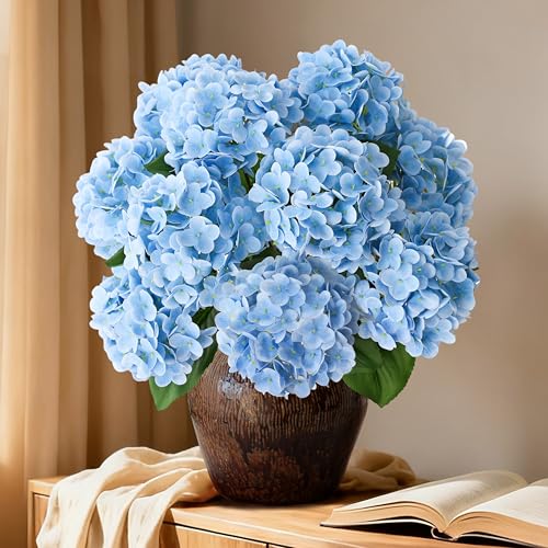 A Bunch 21in, Real Touch Hydrangea Artificial Flowers, with 5pcs Flower Head 10pcs Leaves, Faux Hydrangea Flowers for Home Office Decor Wedding Party Arrangements (1, Blue) - color: Blue, size: 1 Bunch