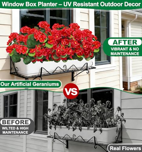 8 Bundles Artificial Geraniums Flowers for Outdoors Summer Decor, Fake Cemetery Flowers Silk Red Flower UV Resistant No Fade Faux Plants for Hanging Porch Garden Home Planter Patio Cemetery Decor - color: Red