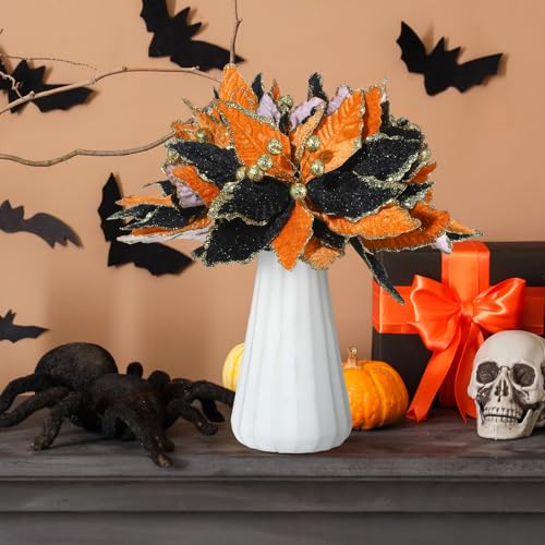 Giegxin 8 Pcs 8'' Halloween Black Orange Flowers Poinsettia Flowers Halloween Artificial Poinsettia Stems Velvet Black Orange Ornaments Fold Floral for Holiday Party Decorations - color: Black Orange