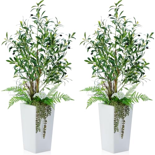 Giegxin 2 Pcs Artificial Olive Tree Combo 4ft Tall Faux Olive Trees with Tapered Planter & 5 Decorative Plants, UV Resistant Fake Floor Potted Plants for Indoor Outdoor Porch Home Office Decor (White)