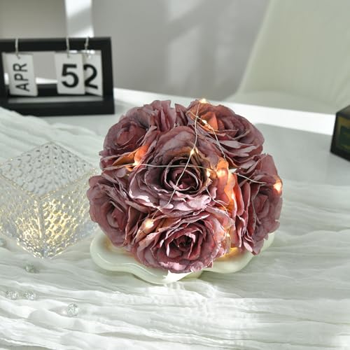 Artificial Rose in Glass Vase Vintage Silk Flower Arrangement with LED Light for Table Centerpiece Home Wedding Decoration (Plum Purple) - color: Plum Purple