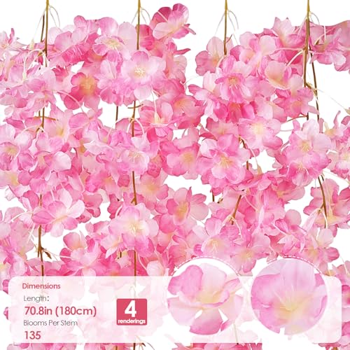 4 PCS Cherry Blossom Garland Artificial Silk Flower Vine Hanging Floral Decor for Wedding Arch Party Home Garden Wall Decoration (Pink) - size: 70in-4pcs-Pink