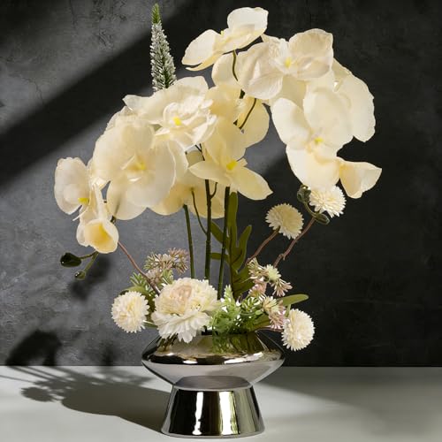 LESING Fake Orchids Flowers Arrangement in Pot,Faux Silk Orchid Artificial Flower Plant with Ceramic Vase for Table Home Decor (Silver Vase,White) - color: Silver Vase,white