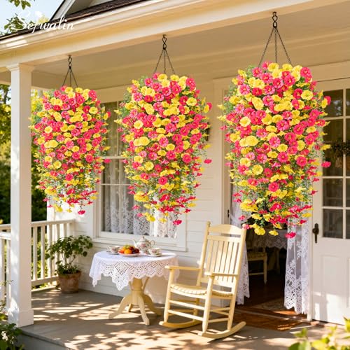 Serwalin Artificial Hanging Flowers for Outdoors UV Resistant, 4PCS Faux Morning Glory Fake Outdoor Flowers Realistic Silk Flower Plants for Outside Planter Front Door Porch Patio Yard Decor - color: Yellow& Hot Pink