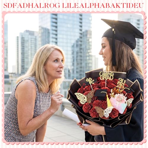 48 Pcs Red Glitter Rose Bouquet DIY Kit, Graduation Gifts for Her Class of 2026, Sparkly Artificial Flowers with Crown 3D Butterflies and Cards, Class of 2026 Senior Graduation Bouquet