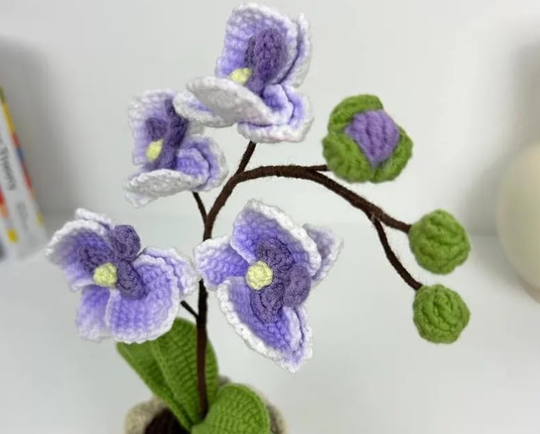 Handmade Crochet Phalaenopsis Orchid Potted Plants Knitted Artificial Orchid Phalaenopsis Flowers with Exquisite Pot for Home Office Wedding Table Centerpiece Decoration,Purple - color: Purple