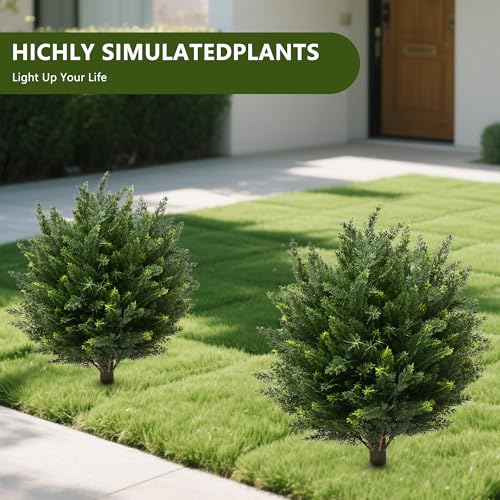 28" UV Resistant Artificial Shrubs for Outdoors - Real Looking Faux Bushes, Fake Cedar Trees, Outdoor Faux Ball Plants & Topiaries - Set of 2 Artificial Shrubs, Artificial Bushes for Garden Decor - color: Green Faux Bushes