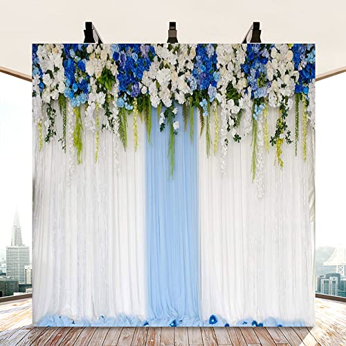 AOFOTO 10x10ft Blue White Flowers Curtain Wedding Backdrop Romantic Floral Wall Drapes Bride Groom Ladies Girls Photoshoot Background for Wedding Reception Ceremoney Birthday Cake Table Decor Banner - size: 10x10ft