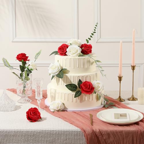 Tifuly 12 Pcs Red Roses Artificial Flowers,Realistic Long Stem Fake Silk Roses Bouquet for Party Home Wedding Centerpiece Office Decor - color: Red